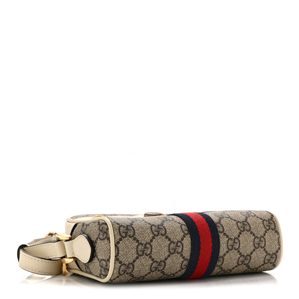 GG Supreme Monogram Textured Calfskin Web Mini Ophidia Shoulder Bag Beige Ebony Mystic White
