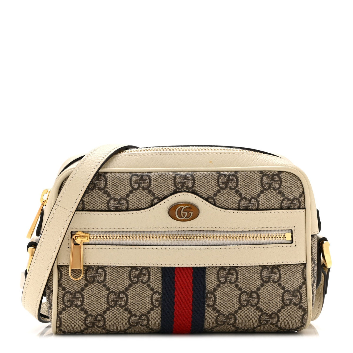 GG Supreme Monogram Textured Calfskin Web Mini Ophidia Shoulder Bag Beige Ebony Mystic White