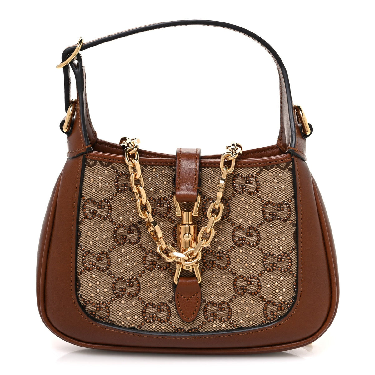 New Canvas Charisma Calfskin Crystal GG Monogram Mini Jackie 1961 Hobo Camel Ebony