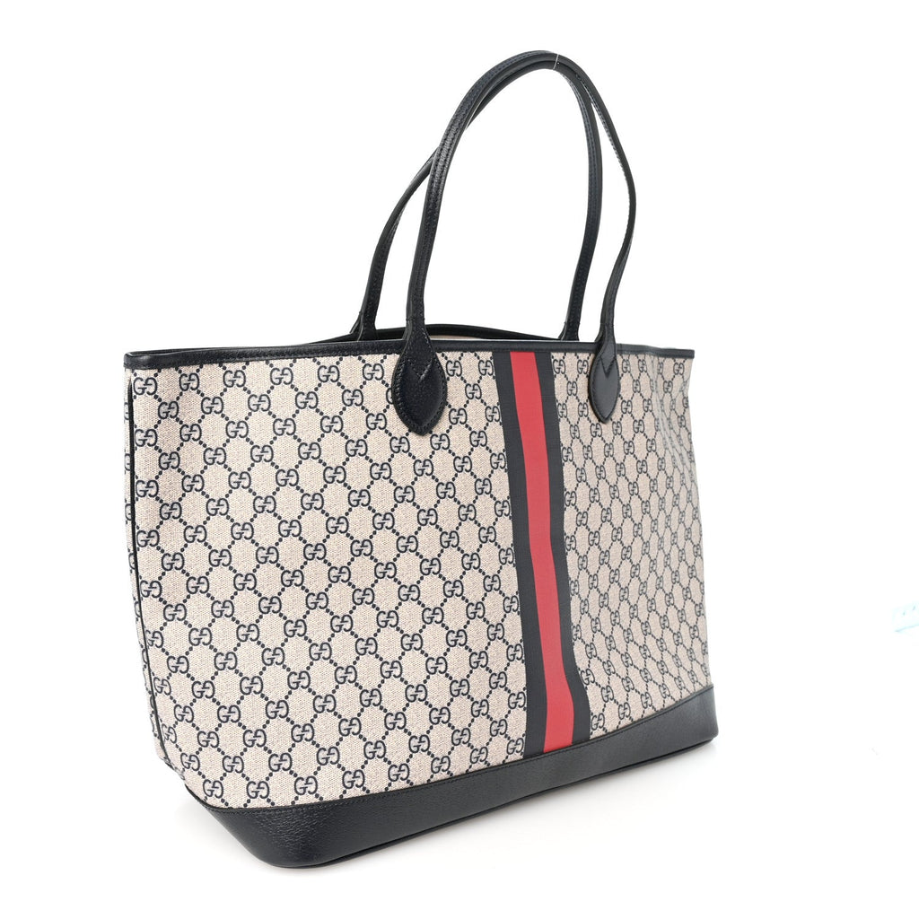 GG Supreme Monogram Textured Dollar Calfskin Web Large Ophidia Tote Beige Blue