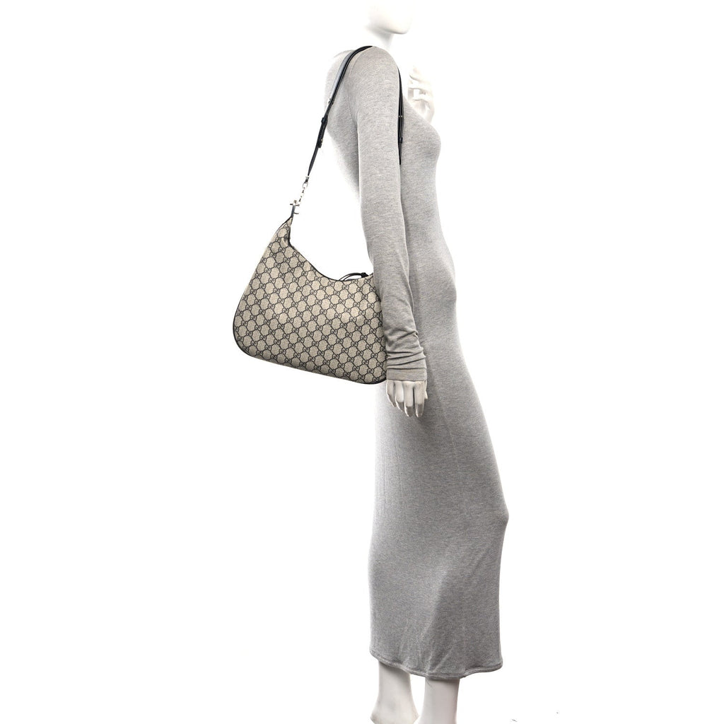 GG Supreme Monogram Textured Calfskin Web Large Attache Shoulder Bag Beige Blue