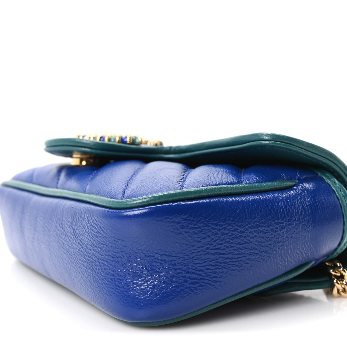 Azalea Calfskin Enamel Matelasse Diagonal Super Mini Torchon GG Marmont Shoulder Bag Imperial Blue Pavone