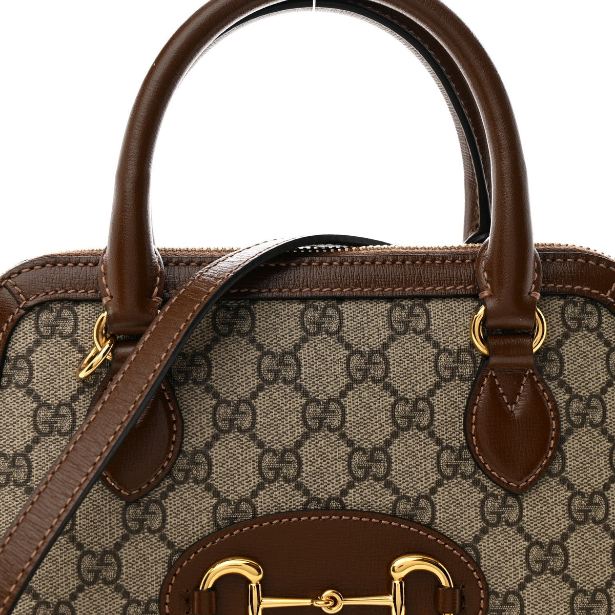 GG Supreme Monogram Azalea Calfskin Small Horsebit 1955 Top Handle Bag Beige Ebony Brown Sugar