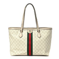 GG Supreme Monogram Textured Dollar Calfskin Web Medium Ophidia Shopping Tote Beige Mystic White Oatmeal