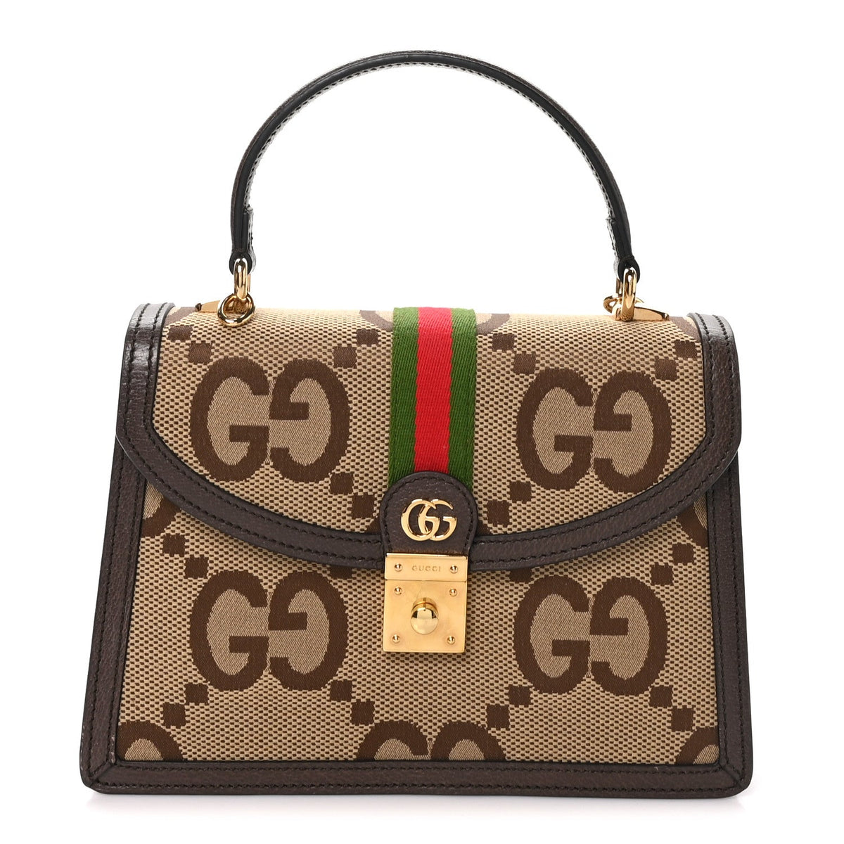 Monogram Jumbo GG Textured Dollar Calfskin Web Small Ophidia Padlock Top Handle Bag Camel Ebony New Acero