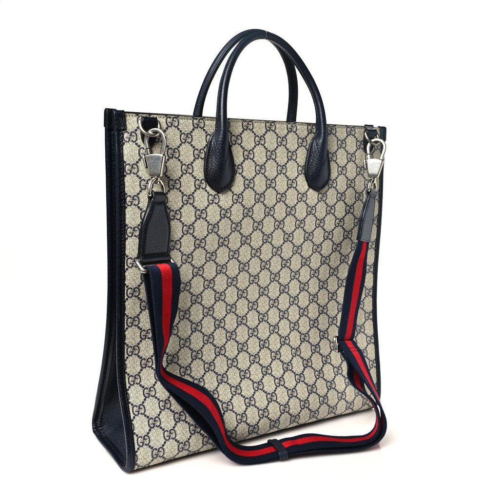 GG Supreme Monogram Textured Dollar Calfskin Web Medium Retro Interlocking G Tote Bag Beige Blue