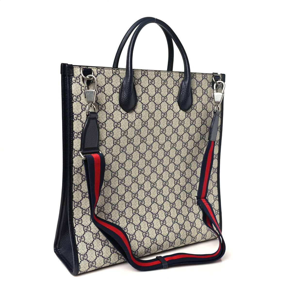 GG Supreme Monogram Textured Dollar Calfskin Web Medium Retro Interlocking G Tote Bag Beige Blue