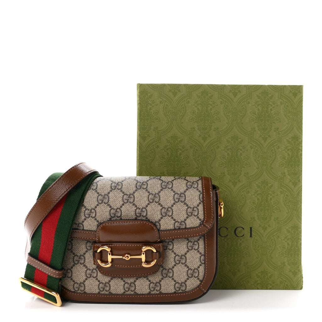GG Supreme Monogram Web Mini Horsebit 1955 Shoulder Bag Beige Brown Sugar