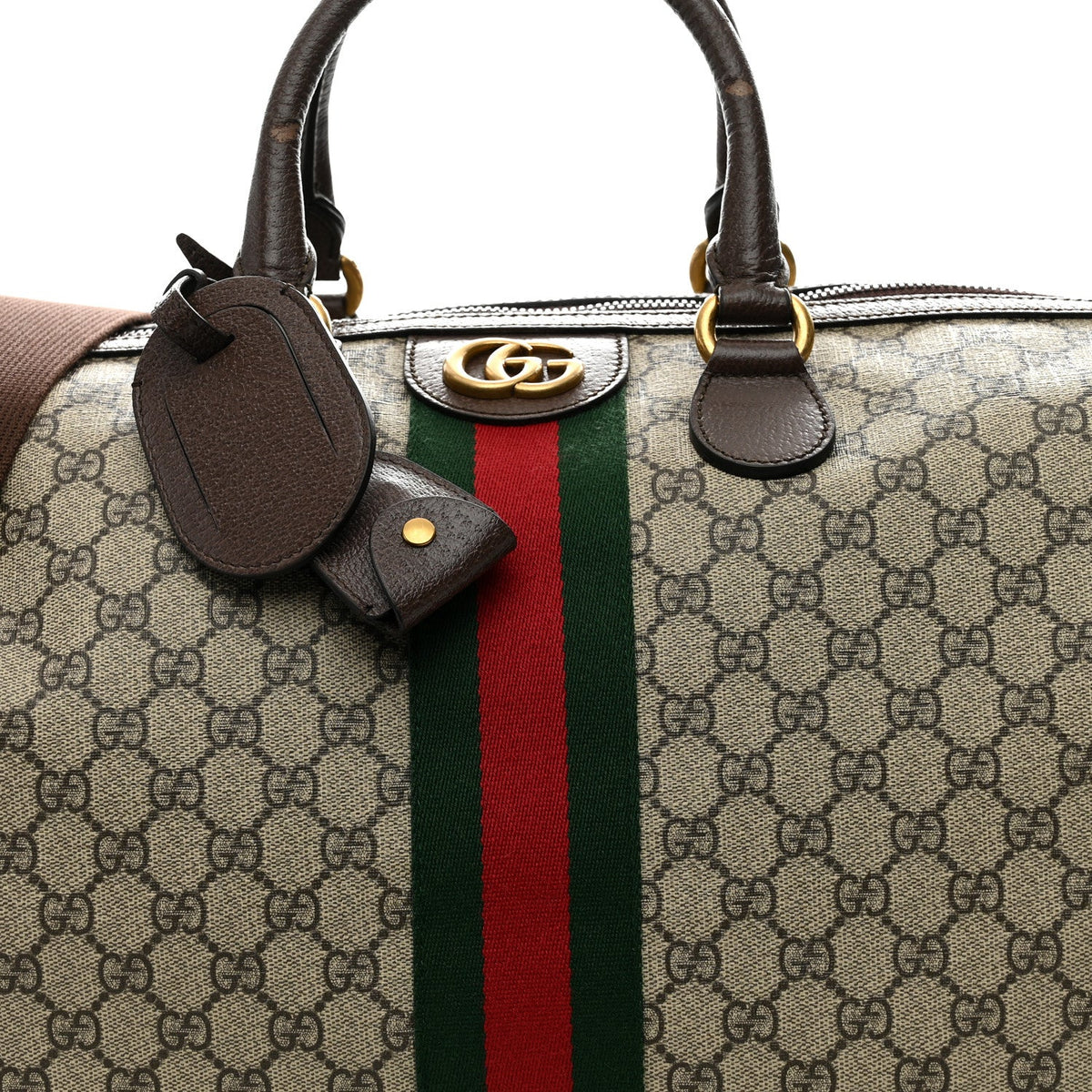 GG Supreme Monogram Textured Dollar Calfskin Web Medium Ophidia Carry-On Duffle Bag Beige Ebony New Acero