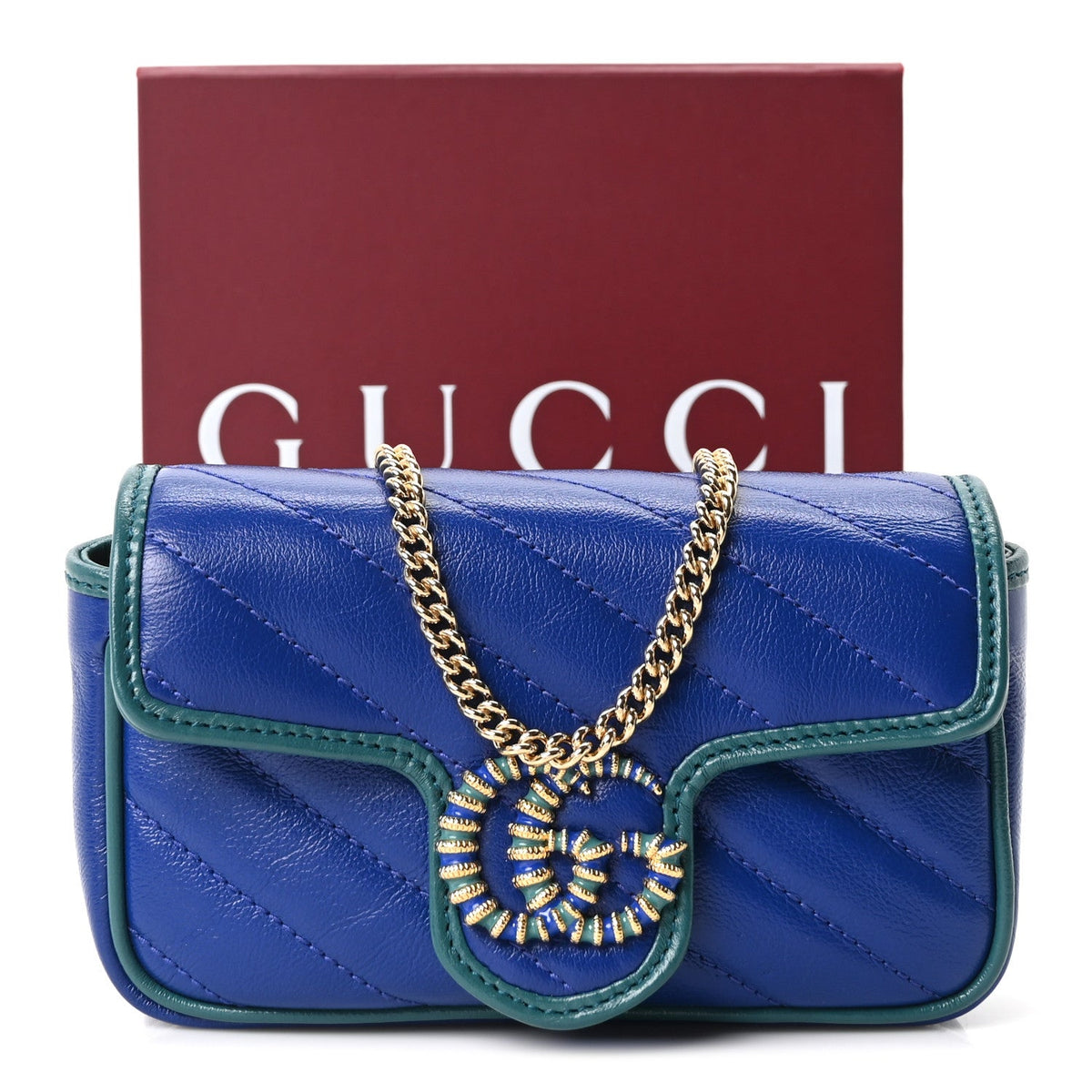 Azalea Calfskin Enamel Matelasse Diagonal Super Mini Torchon GG Marmont Shoulder Bag Imperial Blue Pavone