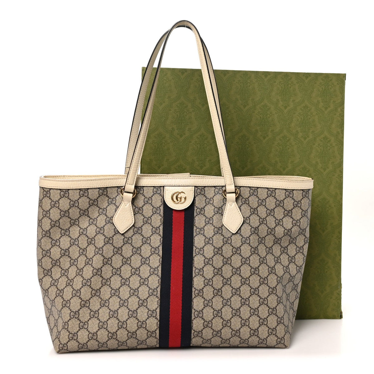 GG Supreme Monogram Textured Dollar Calfskin Web Medium Ophidia Shopping Tote Beige Ebony Mystic White
