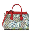 GG Supreme Monogram Blooms Small Zip Top Tote Beige Blue Navy Hibiscus Red