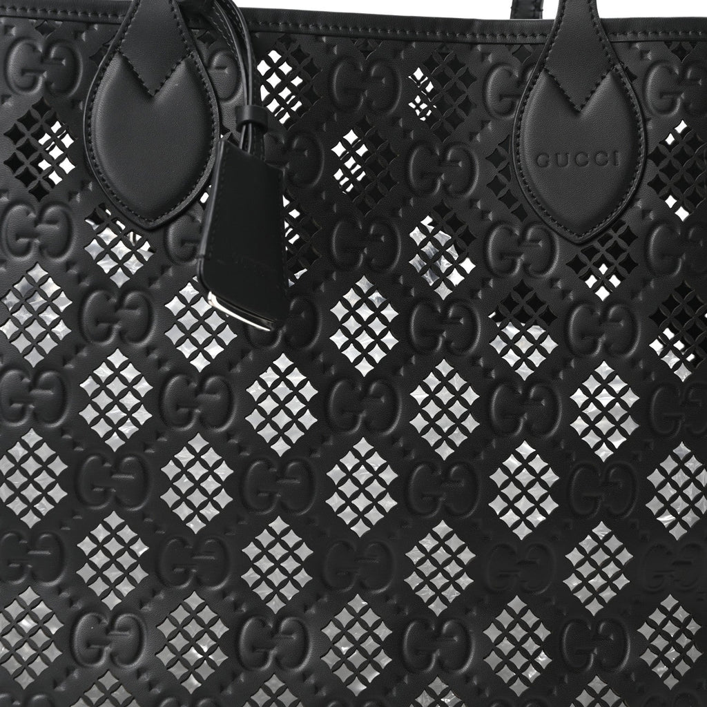 Calfskin GG Monogram Diamond Cut Medium Ophidia Tote Bag Black