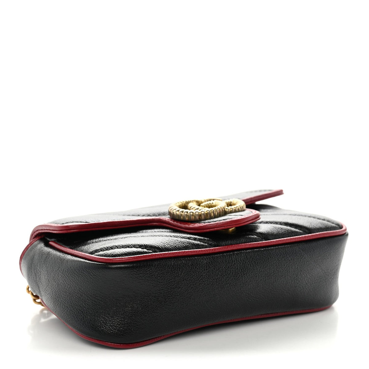 Vintage Effect Calfskin Matelasse Diagonal Super Mini Torchon GG Marmont Shoulder Bag Black Romantic Cherry