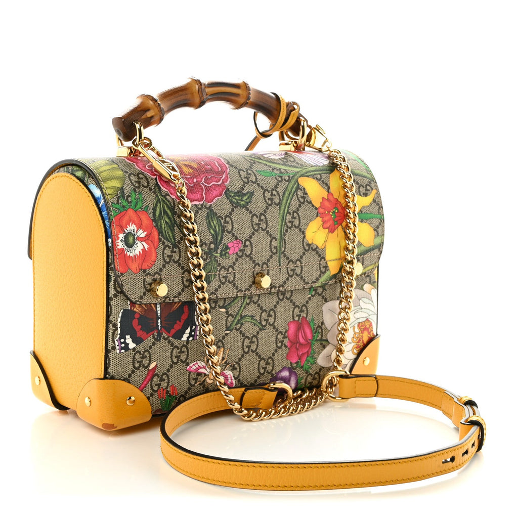 GG Supreme Monogram Flora Small Padlock Bamboo Shoulder Bag Beige Multicolor Crop
