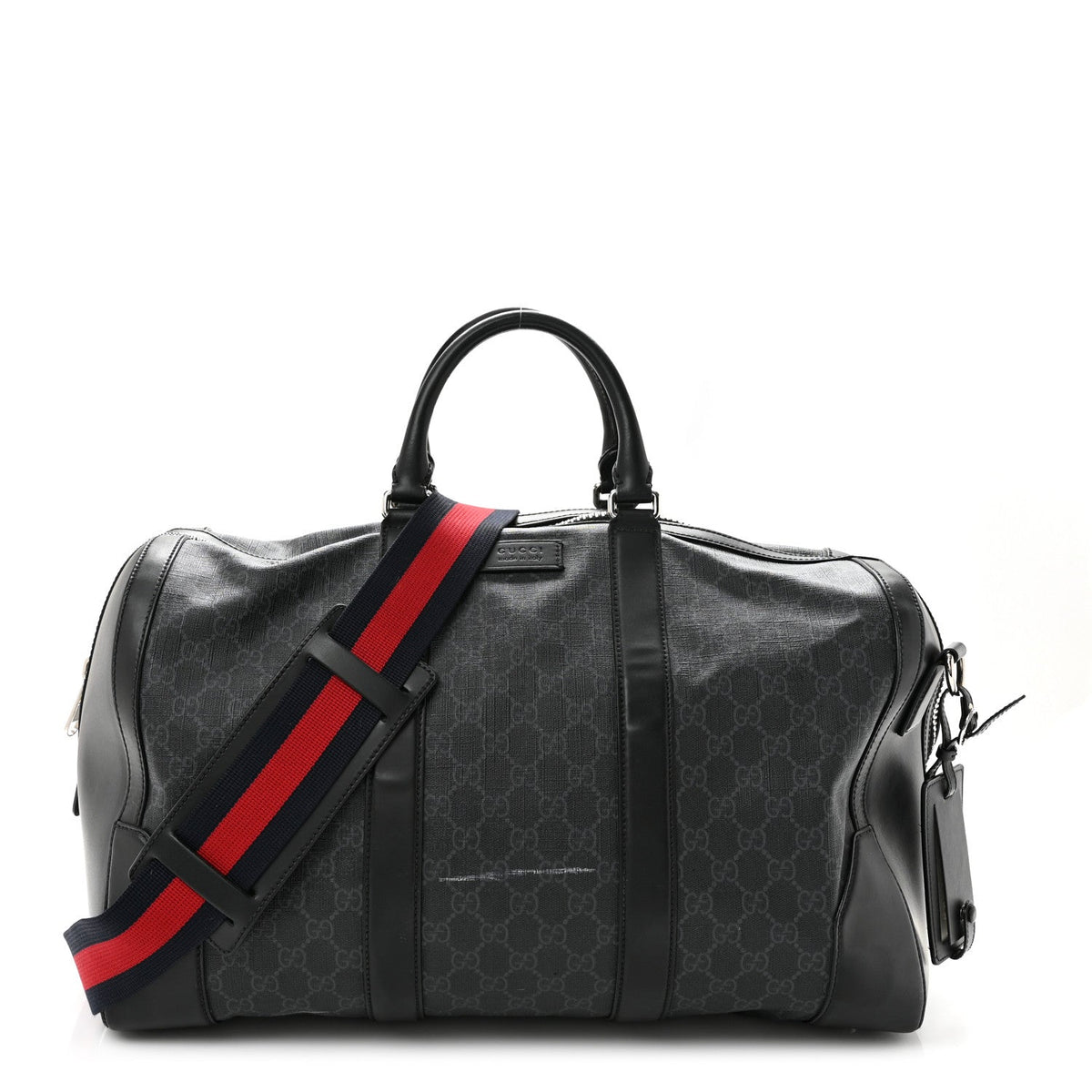 Soft GG Supreme Monogram Appia Calfskin Web Medium Carry On Duffle Bag Black Grey