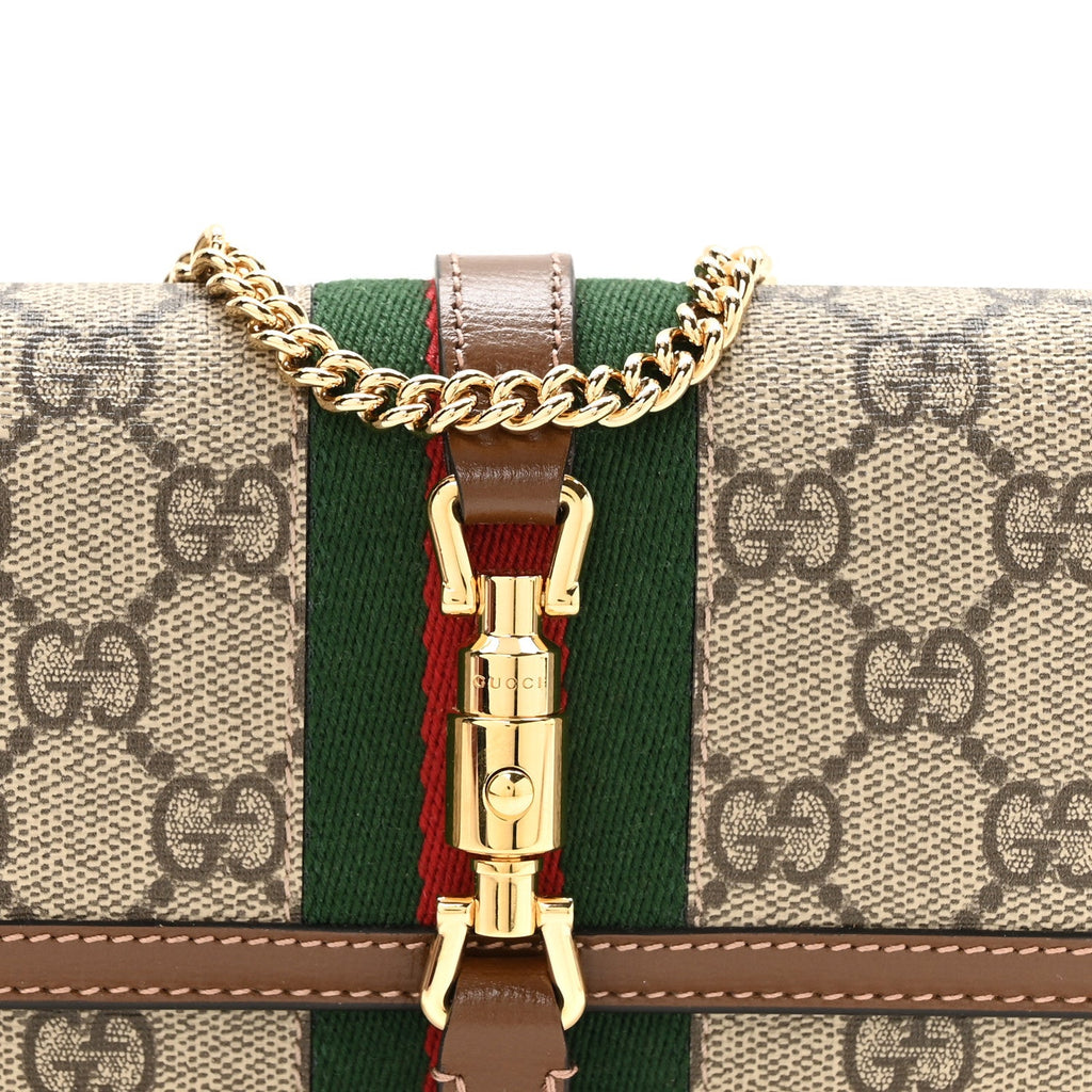 GG Supreme Monogram Azalea Calfskin Web Jackie 1961 Chain Wallet Beige Ebony Brown Sugar