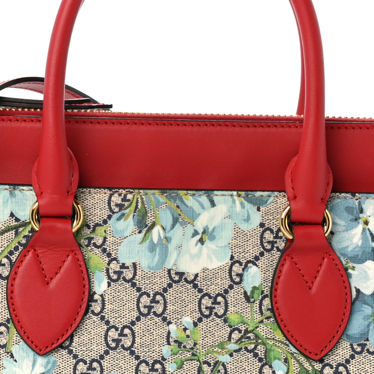 GG Supreme Monogram Blooms Small Zip Top Tote Beige Blue Navy Hibiscus Red