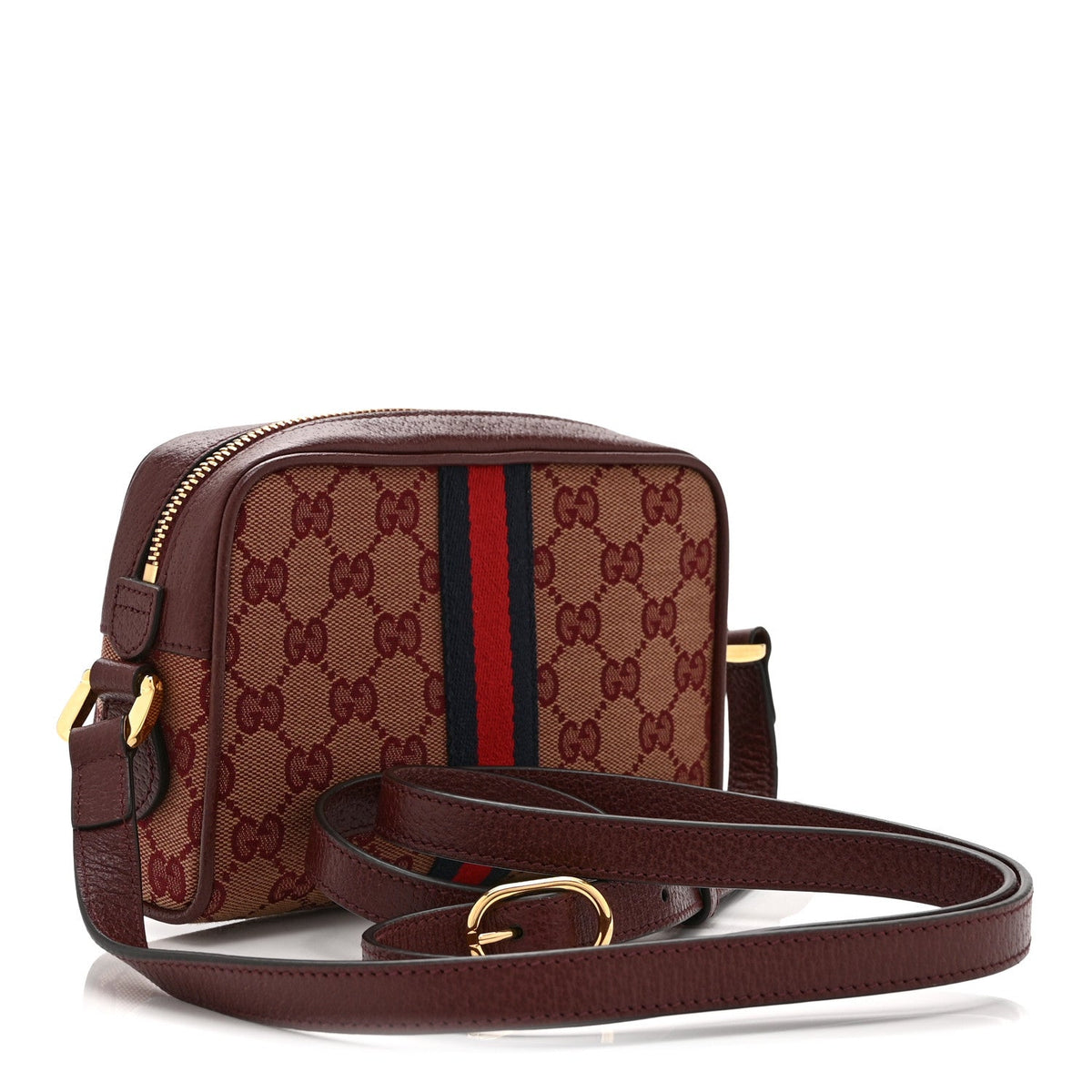 Monogram Textured Dollar Calfskin Web Mini Ophidia Shoulder Bag Sahara Rubino Chardonnay
