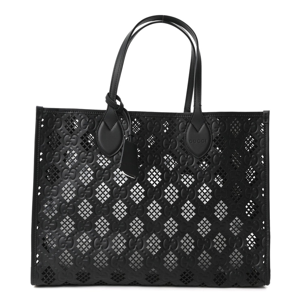 Calfskin GG Monogram Diamond Cut Medium Ophidia Tote Bag Black