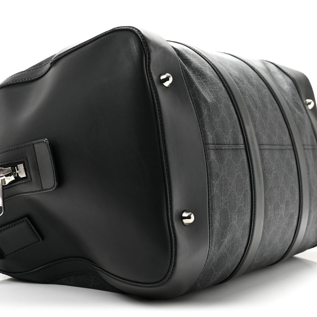 Soft GG Supreme Monogram Appia Calfskin Web Medium Carry On Duffle Bag Black Grey