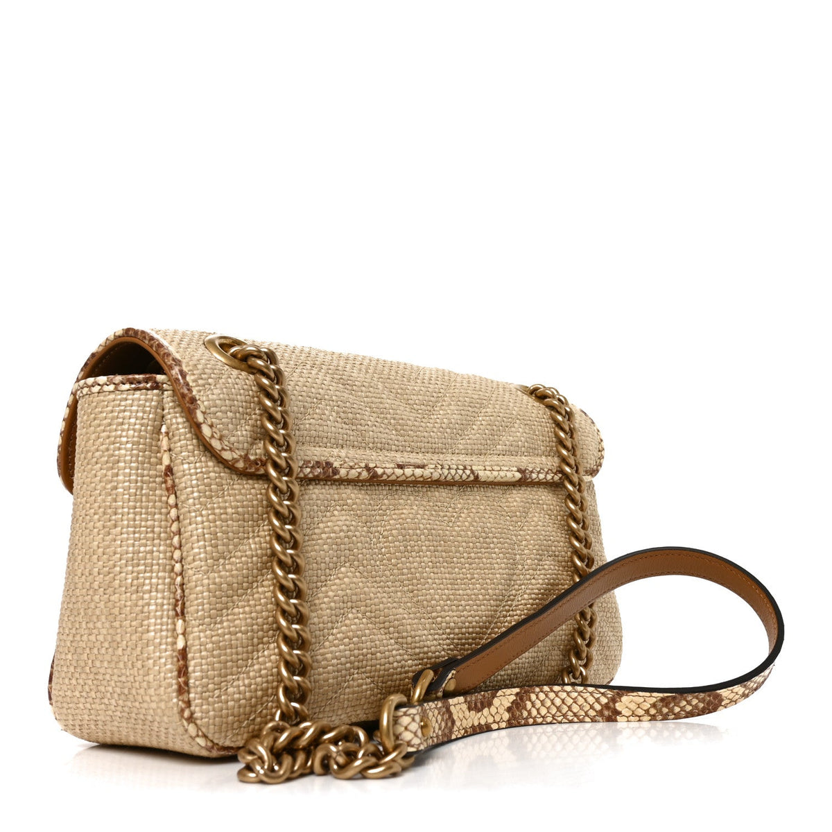 Raffia Elaphe Matelasse Small GG Marmont Shoulder Bag Natural Cream Brown