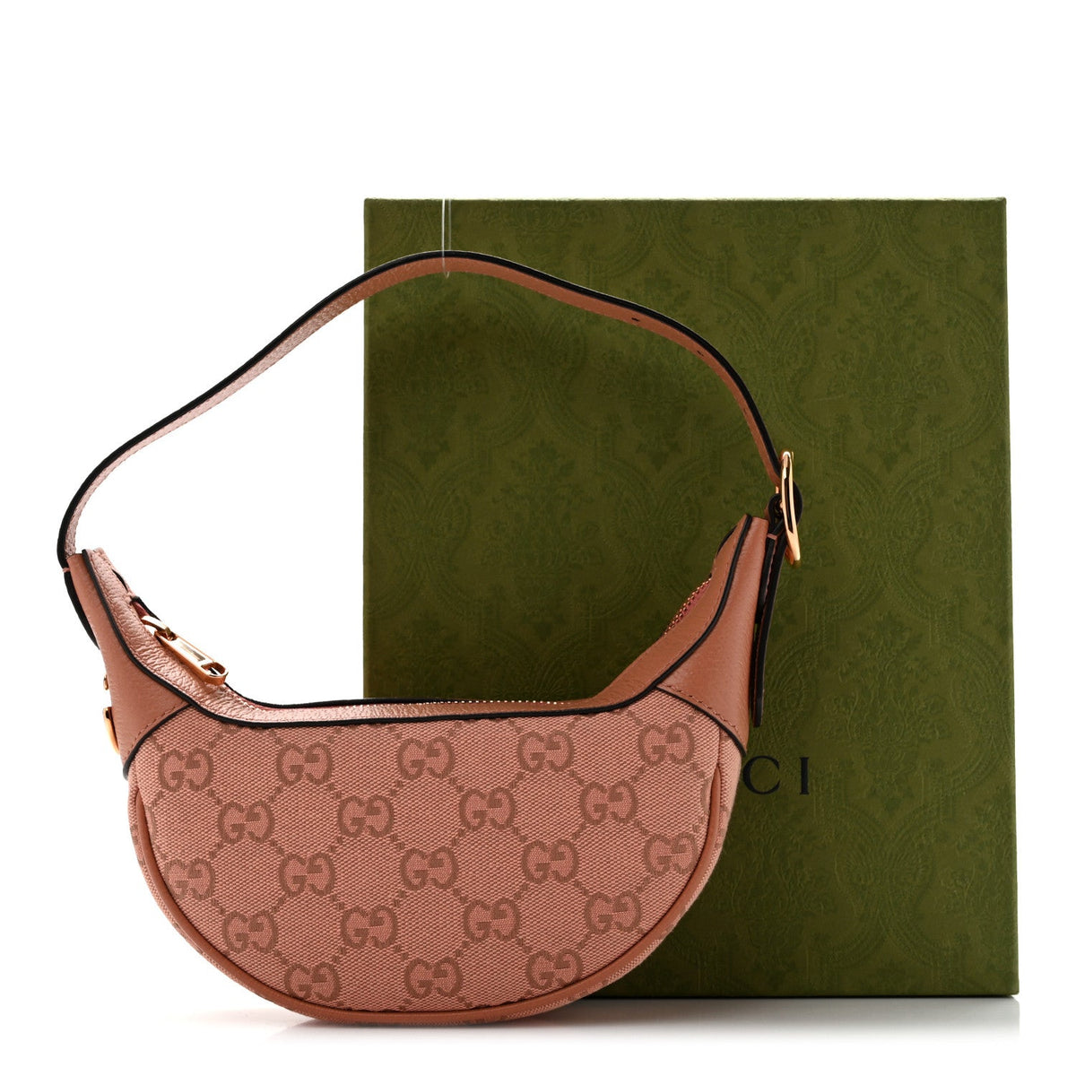 GG Supreme Monogram Textured Calfskin Web Mini Ophidia Half Moon Hobo Rose Pink