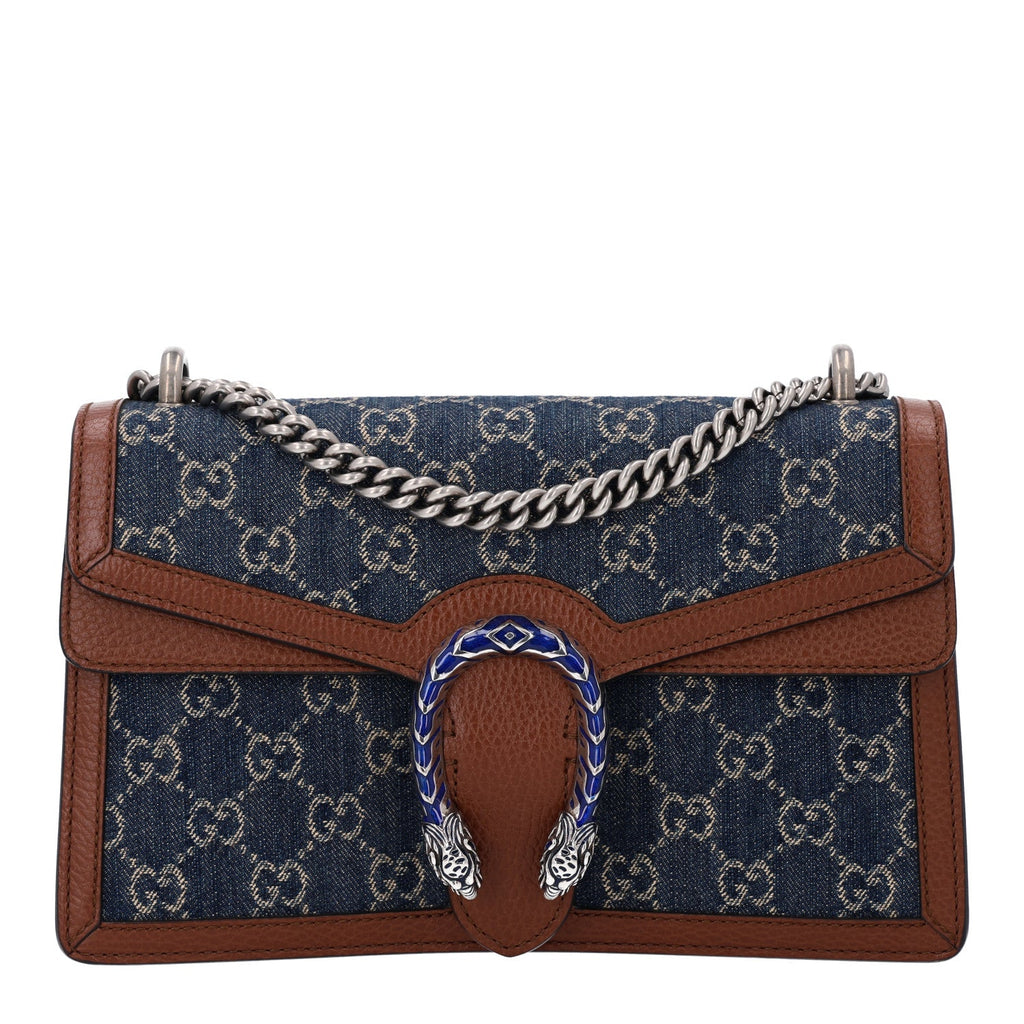 New Denim GG Monogram Dollar Calfskin Enamel Small Dionysus Shoulder Bag Blue Tea Cuir Epilog Electric Blue
