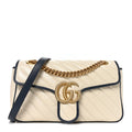 Vintage Effect Calfskin Matelasse Diagonal Small Torchon GG Marmont Shoulder Bag Mystic White Blue Agata
