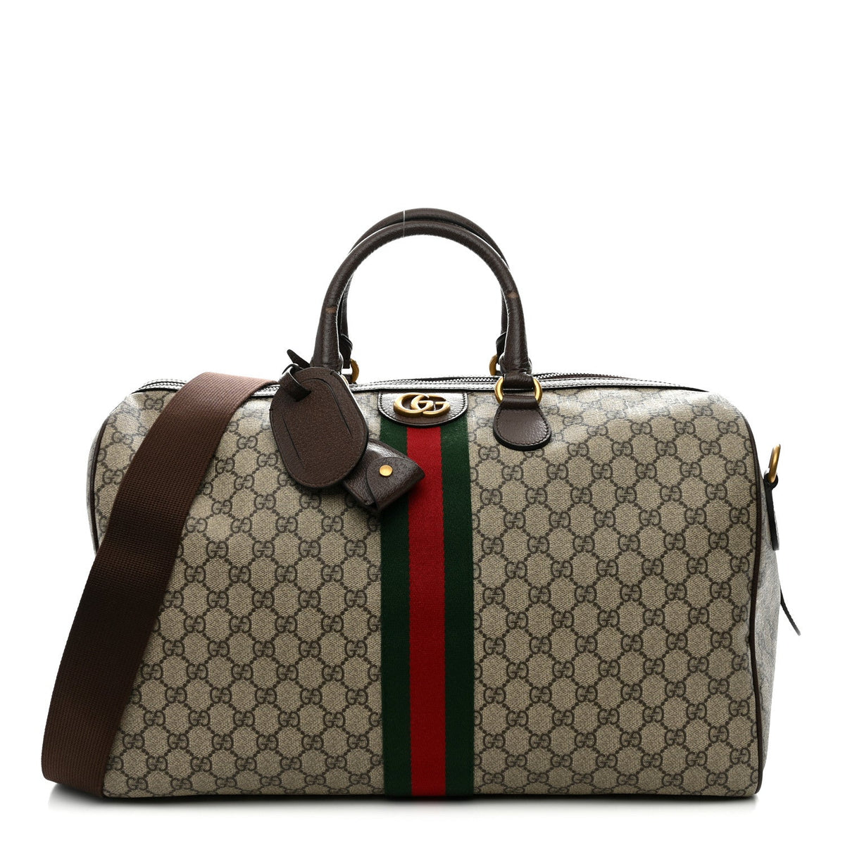 GG Supreme Monogram Textured Dollar Calfskin Web Medium Ophidia Carry-On Duffle Bag Beige Ebony New Acero