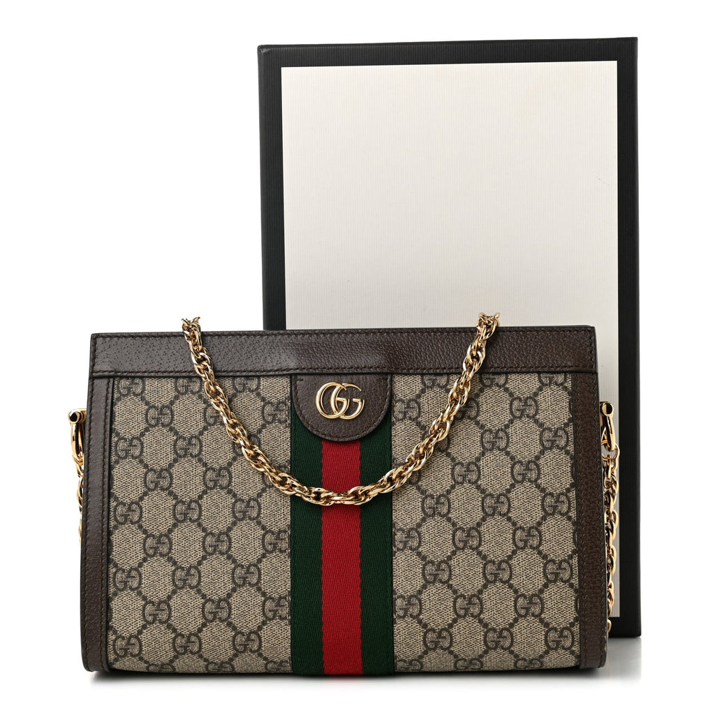 GG Supreme Monogram Web Small Ophidia Chain Shoulder Bag Brown