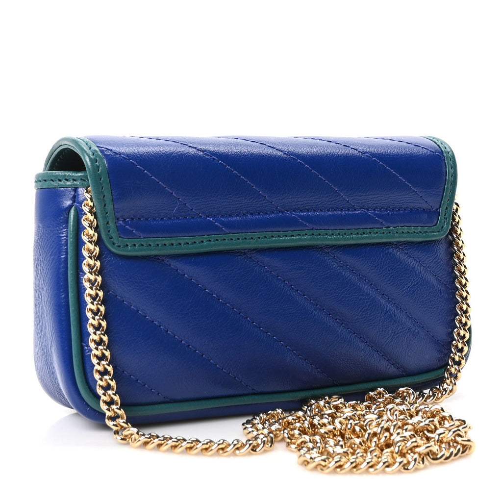 Azalea Calfskin Enamel Matelasse Diagonal Super Mini Torchon GG Marmont Shoulder Bag Imperial Blue Pavone
