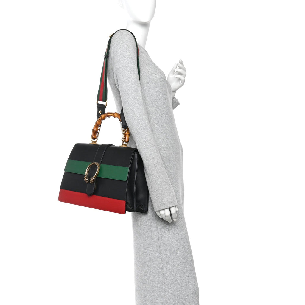 Calfskin Bamboo Web Large Dionysus Top Handle Bag Black Bright Evergreen Hibiscus Red