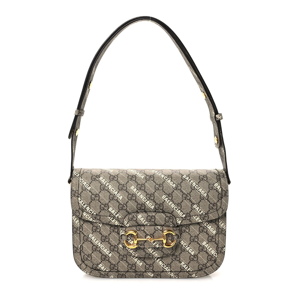 X BALENCIAGA GG Supreme Monogram Logo Print Horsebit 1955 Shoulder Bag Beige Ebony