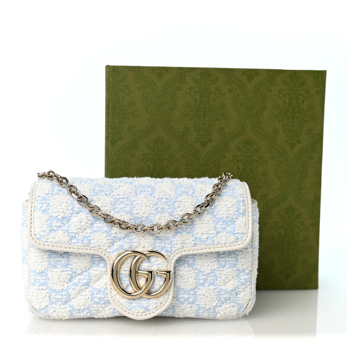 Sponge Boucle Matelasse Mini GG Marmont Shoulder Bag White Light Blue Grey