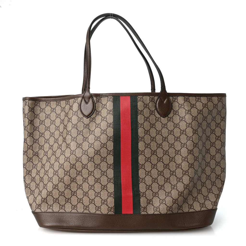 GG Supreme Monogram Textured Dollar Calfskin Web Large Ophidia Tote Beige Ebony New Acero
