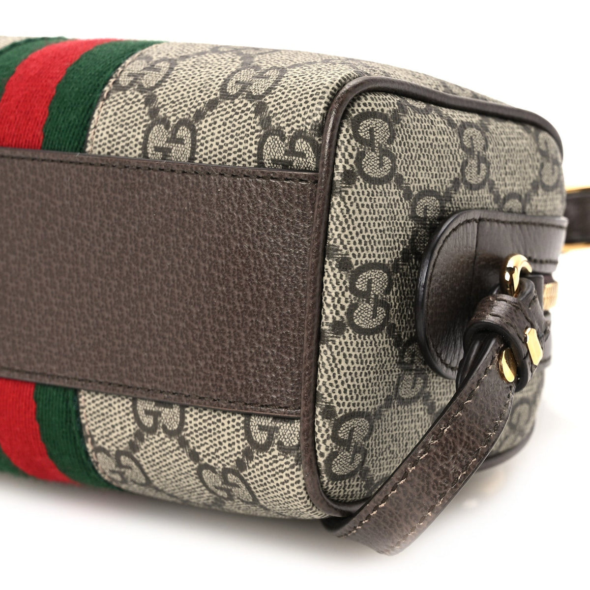 GG Supreme Monogram Textured Dollar Calfskin Web Super Mini Ophidia Top Handle Bowler Bag Beige Ebony New Acero