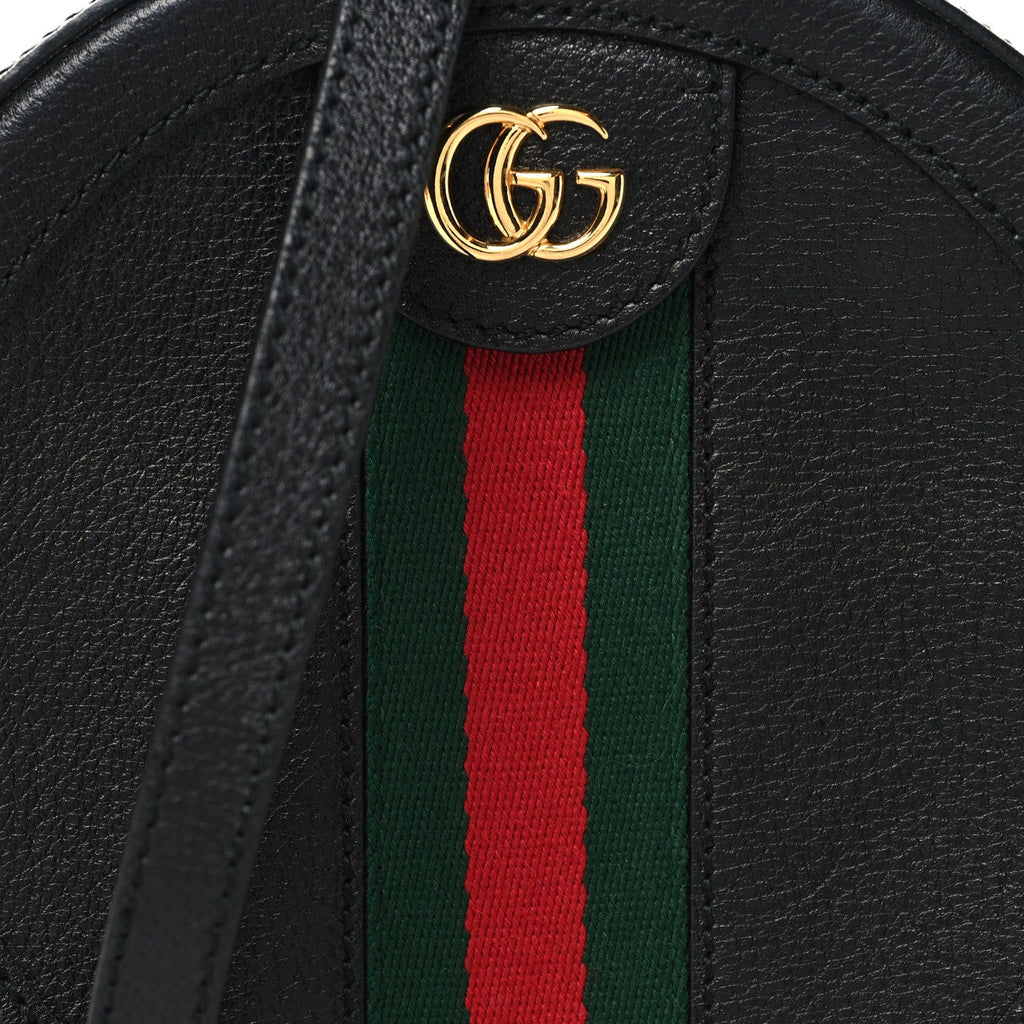 Grained Calfskin Web Mini Ophidia Round Shoulder Bag Black