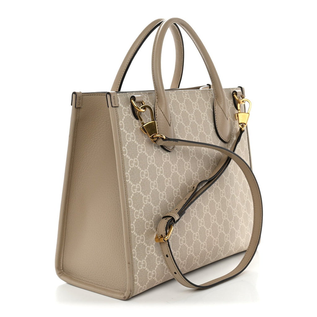 GG Supreme Monogram Textured Dollar Calfskin Small Retro Interlocking G Tote Bag Beige Mystic White Oatmeal