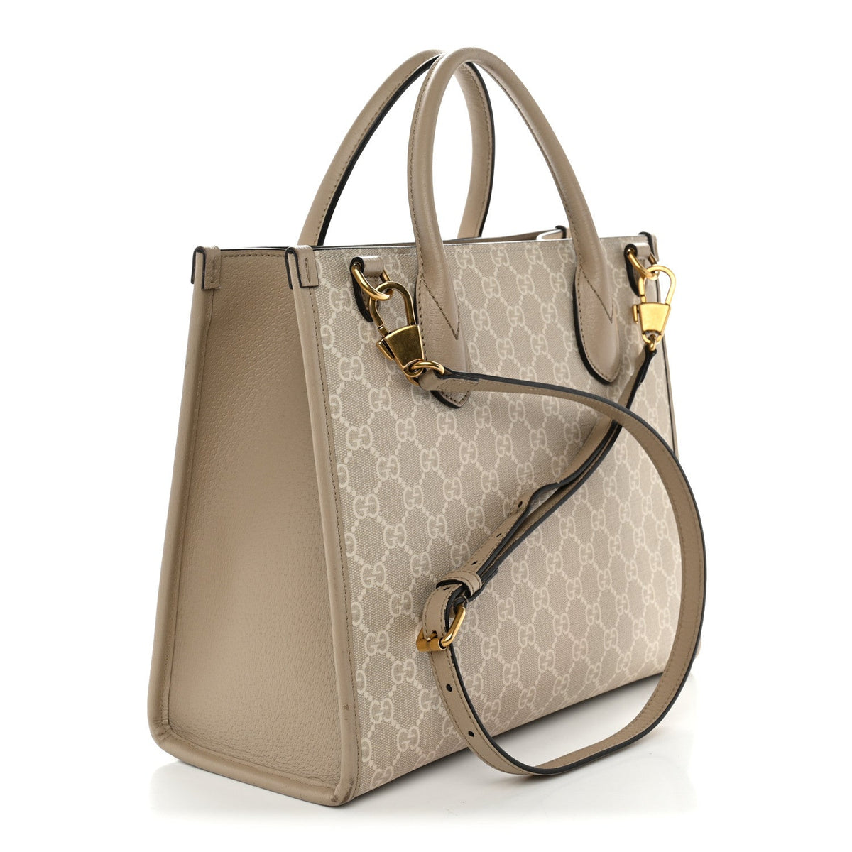 GG Supreme Monogram Textured Dollar Calfskin Small Retro Interlocking G Tote Bag Beige Mystic White Oatmeal