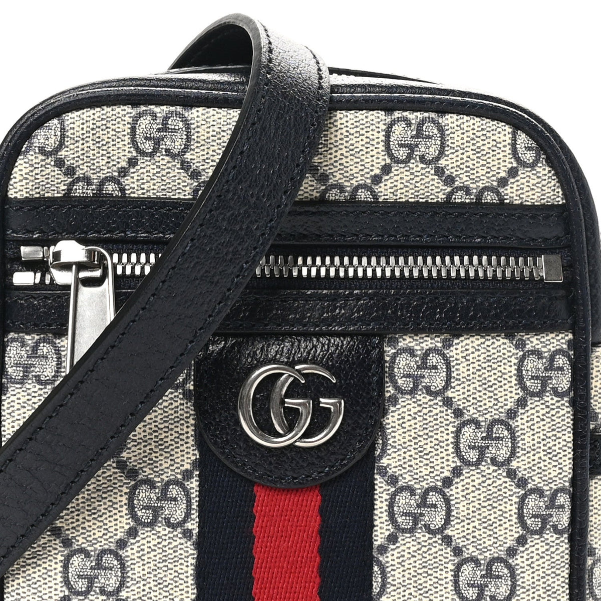 GG Supreme Monogram Textured Calfskin Web Mini Ophidia Messenger Beige Blue