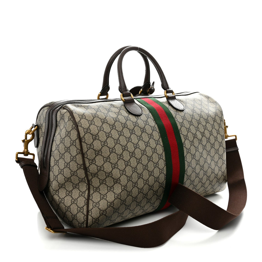 GG Supreme Monogram Textured Dollar Calfskin Web Medium Ophidia Carry-On Duffle Bag Beige Ebony New Acero