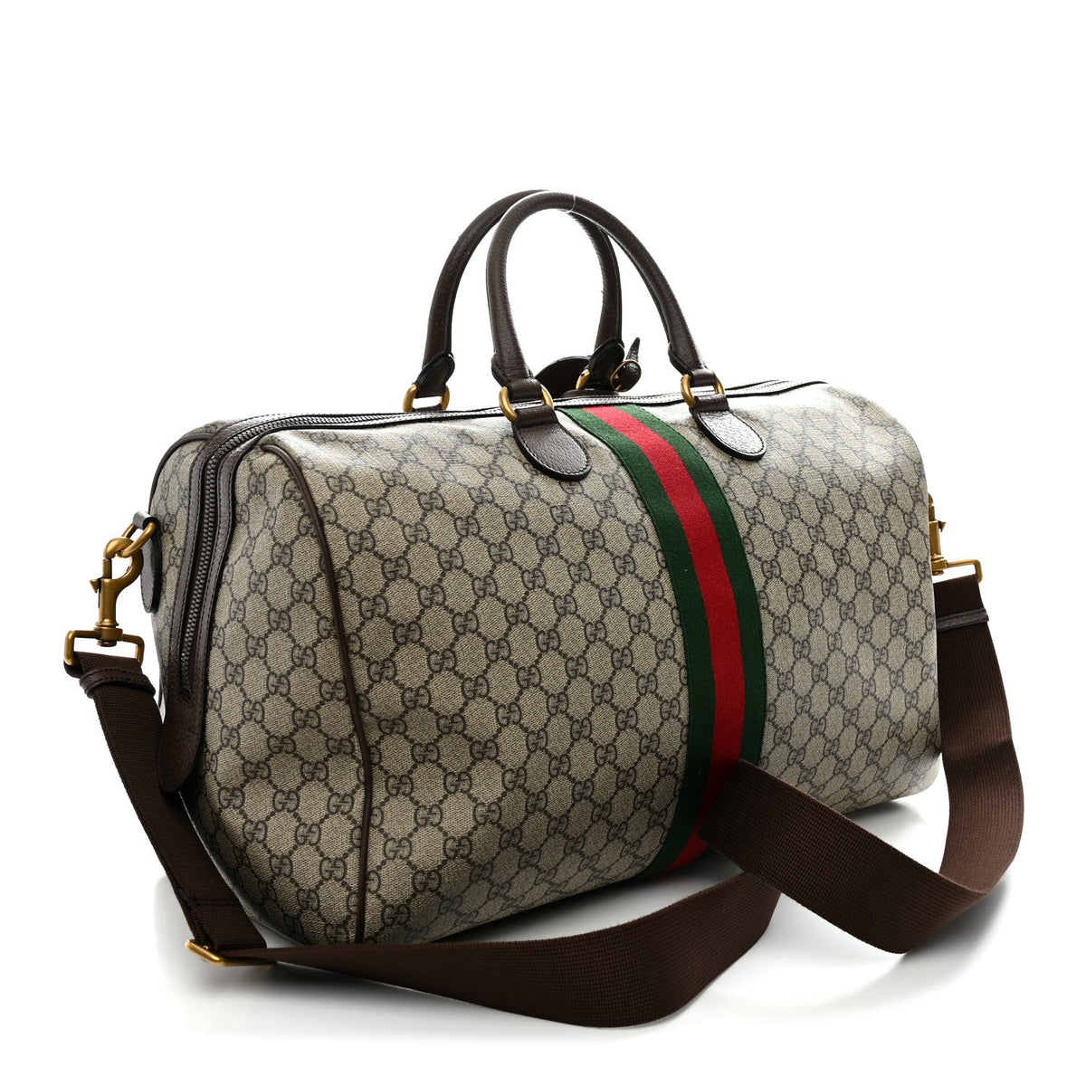 GG Supreme Monogram Textured Dollar Calfskin Web Medium Ophidia Carry-On Duffle Bag Beige Ebony New Acero