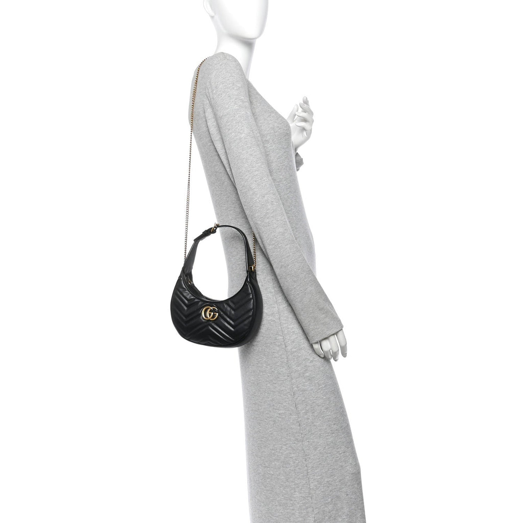 Calfskin Matelasse Chevron Mini GG Marmont Half Moon Hobo Black