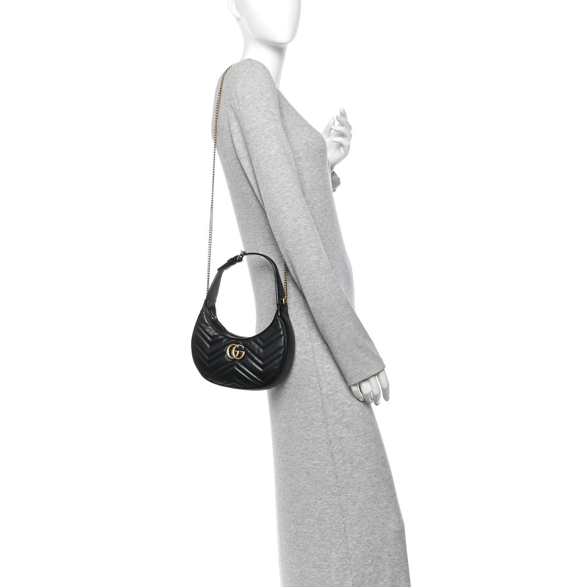 Calfskin Matelasse Chevron Mini GG Marmont Half Moon Hobo Black