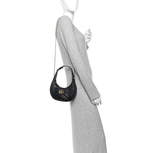 Calfskin Matelasse Chevron Mini GG Marmont Half Moon Hobo Black