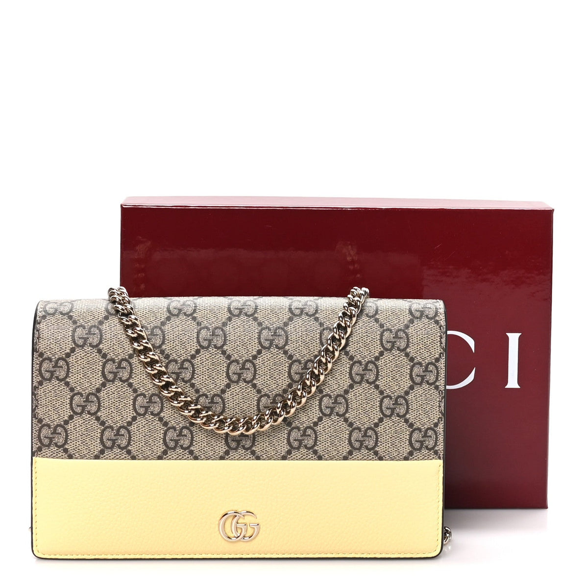 Dollar Calfskin GG Supreme Monogram Mini GG Marmont Chain Wallet Beige Light Yellow