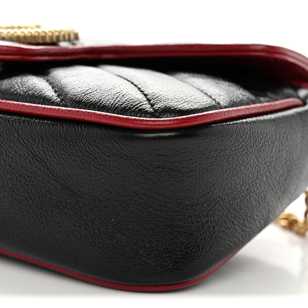 Vintage Effect Calfskin Matelasse Diagonal Super Mini Torchon GG Marmont Shoulder Bag Black Romantic Cherry