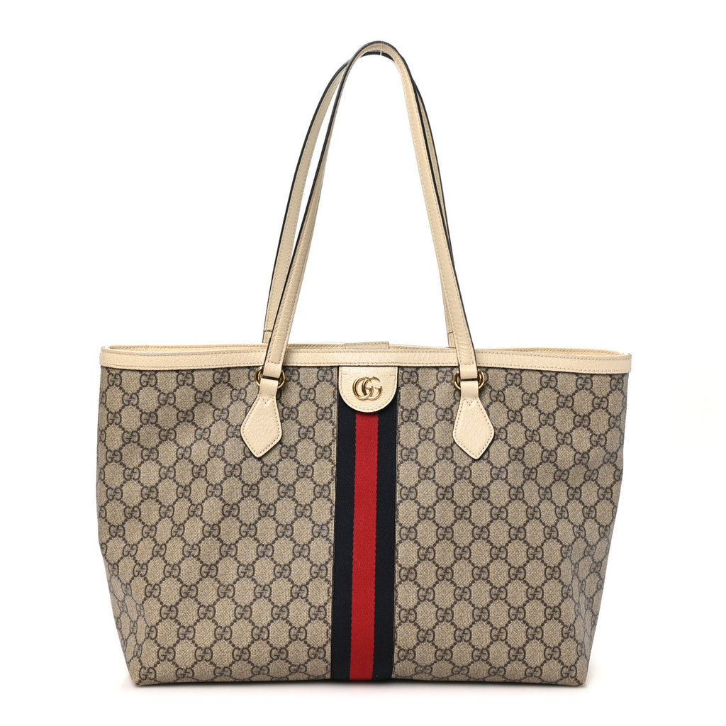 GG Supreme Monogram Textured Dollar Calfskin Web Medium Ophidia Shopping Tote Beige Ebony Mystic White