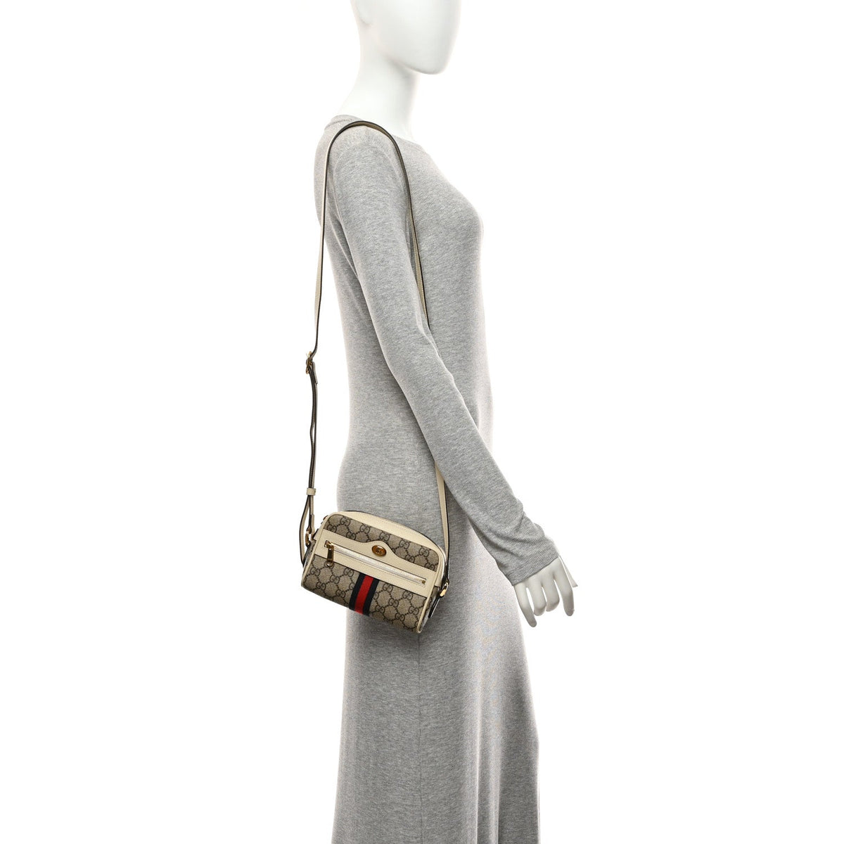 GG Supreme Monogram Textured Calfskin Web Mini Ophidia Shoulder Bag Beige Ebony Mystic White